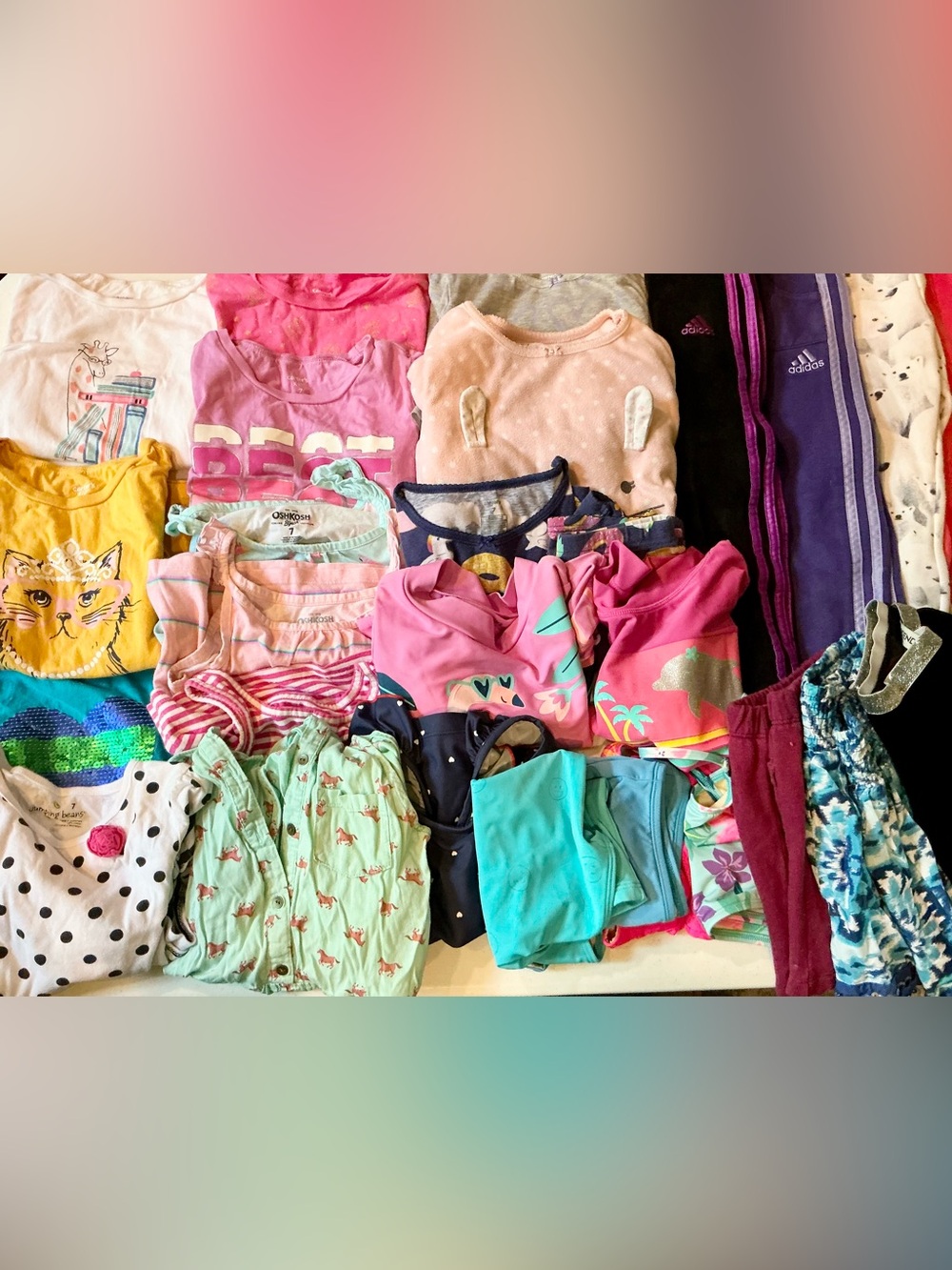 Lot of 31 Girls 6/7 Shirts, Pants Dresses Pajamas Adidas Carters Gap OshKosh